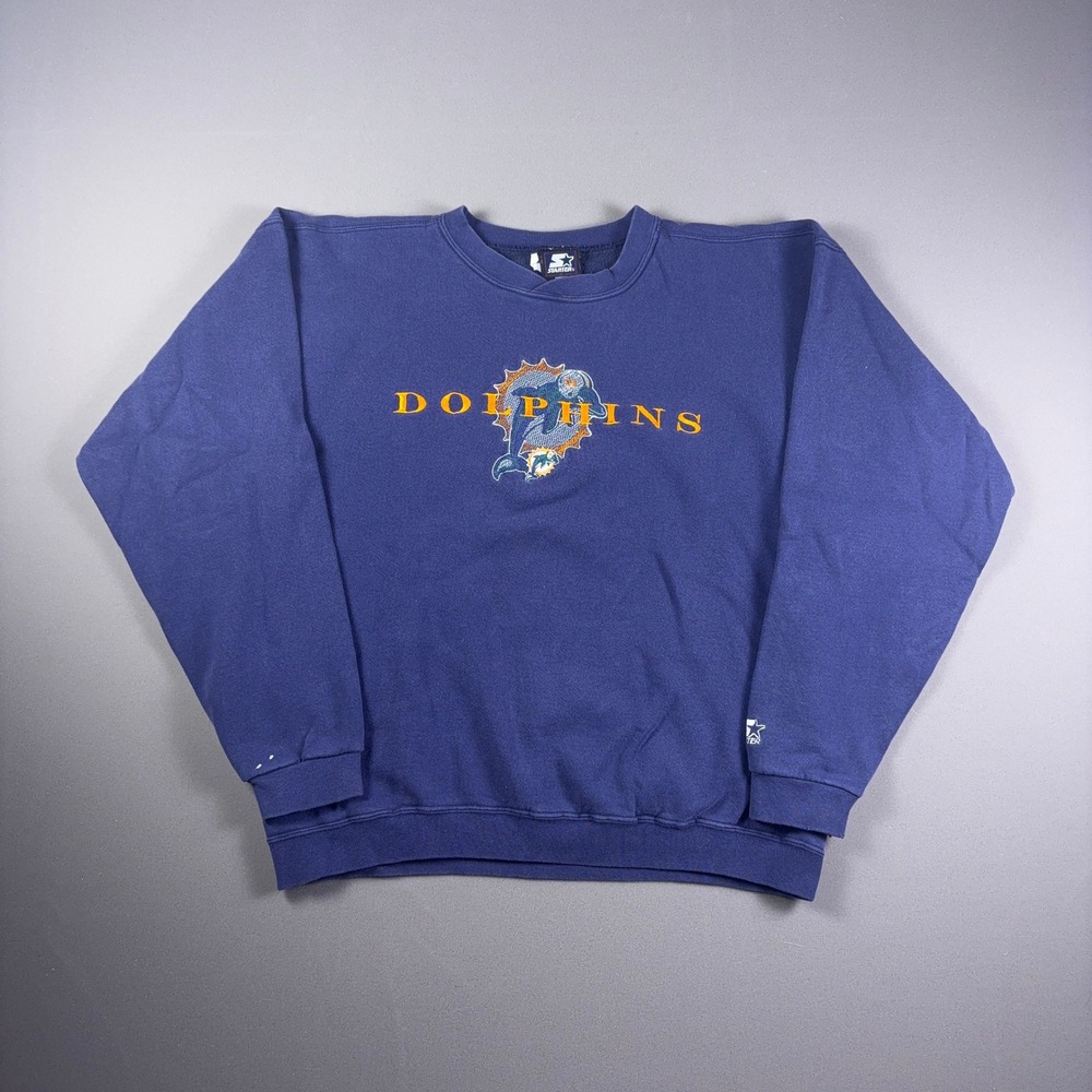 Vintage 90s Starter Miami Dolphins Sweatshirt Embroidered Navy Blue Mens Large